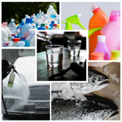A collage of plastic products, nonstick spray applications, drinking water, and fish all related to PFAS infiltration.