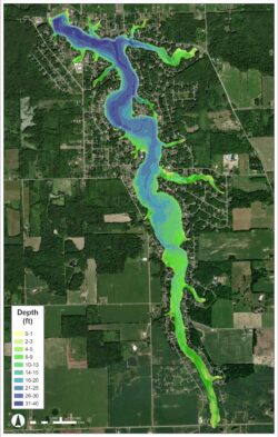 Color-coded bathymetric map displaying lake depth contours and volume data using GIS to support hydrologic modeling, dredging, and water resource planning.
