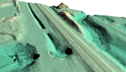 3D LiDAR terrain model showing elevation and topographic features for GIS-based site analysis.