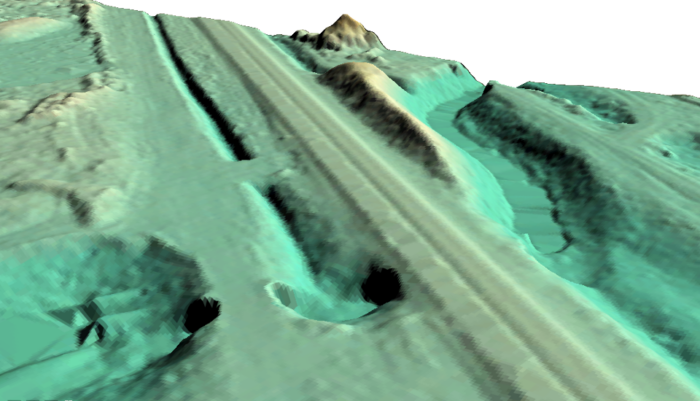 LiDAR 3D terrain model with topographic rendering for GIS elevation mapping.