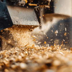 Mulch, an example of vegetation waste, are pictured shooting out of a wood chipper.