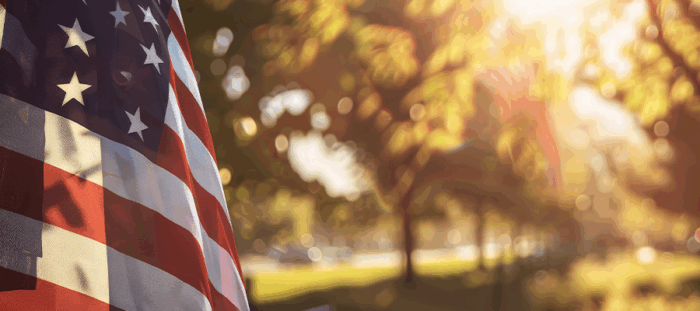 Close-up of an American flag waving in the sunlight, with trees and a park in the softly blurred background, symbolizing honor and gratitude for veterans.