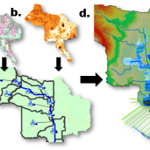 Hydrologic & Hydraulic 1D/2D Model Development for Copley Ditch Drainage Basin: (a) land use, (b) curve number, (c) HMS Model schematic, (d) HEC-RAS 1D/2D depth results for 100-year event.